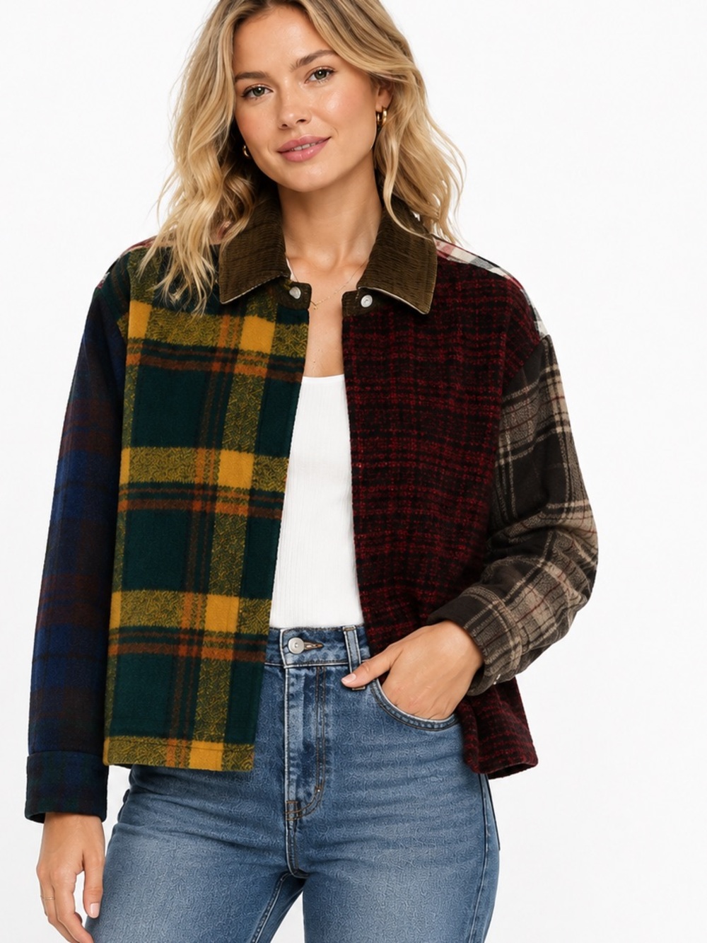 K.New $300  Carleen Patchwork Plaid Shacket Jacket  Wool blended